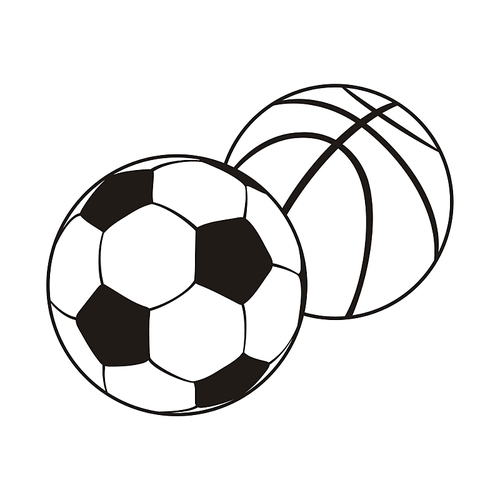 monochrome set ball for football and basketball. black white sports balls for playing football and basketball, combination equipment for teamwork isolated on white . vector illustration