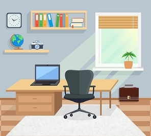 Modern office interior with designer desktop in flat design. Interior office room. Office space. Vector illustration. Working place in office interior workplace
