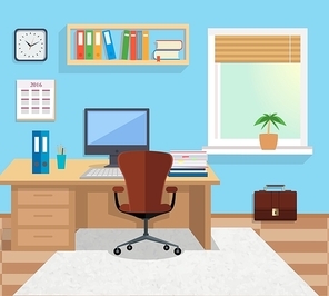 Modern office interior with designer desktop in flat design. Interior office room. Office space. Vector illustration. Working place in office interior workplace