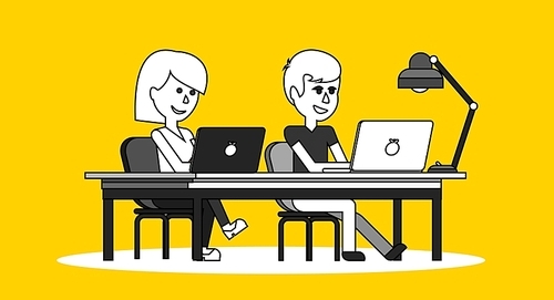 People work in office design flat. Business woman and man, computer worker, Office desk table and workplace. Guy girl sitting on chair at table in front of computer laptop monitor and shining lamp