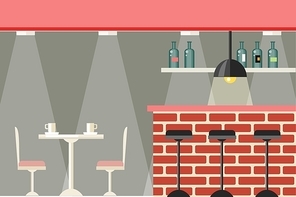 Cafe or bar interior design flat. Iinterior of a cafe or a pub with furniture table and chairs. Bar brick counter with a large selection beverages illuminated with bright lights. Vector illustration