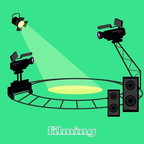 Film shootings camera and projector. Equipment for filming, professional camera on circular rails, it is glowing a bright spotlight and speakers for sound isolated in studio green. Vector illustration