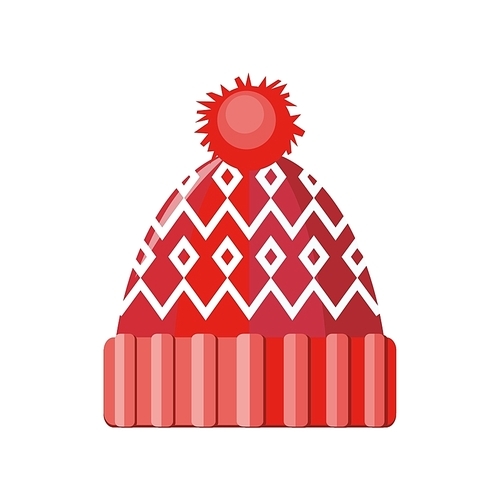 Winter red wool hat icon. Knitted winter woolen cap isolated on white . Flat icon winter snowboard hat cap. Vector illustration