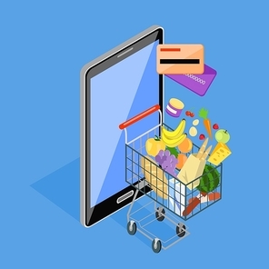 Concept of shopping via internet shop. Isometric online and smartphone, card pay, 3d web sale, e-commerce and foodstuffs, business technology, convenience and mobile. Smartphone and basket of food