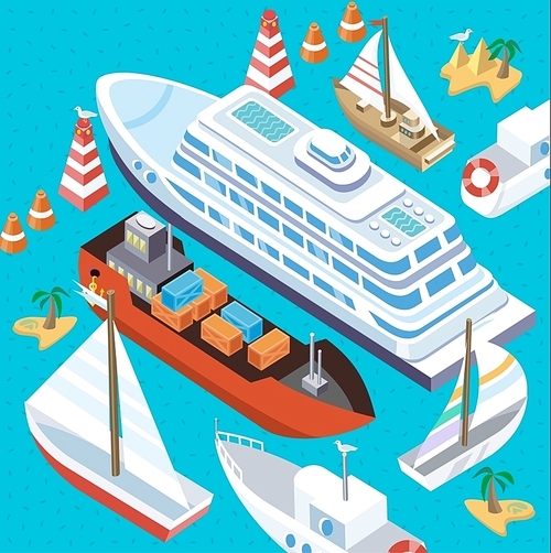 3d isometric set ships. Sea transport. Island and buoy, motorboat and containership, cruise and tanker, cargo shipping, boat transportation, ocean and vessel on blue background. Sea transport vector