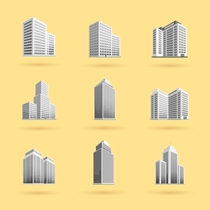 Skyscraper logo building icon set. Black building and isolated skyscraper, tower and office city architecture, house business building logo, apartment office vector illustration