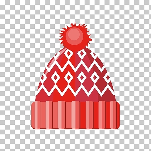 Winter red wool hat icon. Knitted winter woolen cap isolated on checkered . Flat icon winter snowboard hat cap. Vector illustration