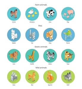 Wild exotic and farm animal set isometric. Pet dog bird, animals vector, cartoon animals, cat and lion, horse and tropical wildlife, mammal creature illustration. Isometric animal set