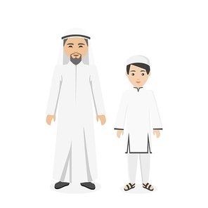 saudi arabia  clothes people. arab traditional muslim, arabic man clothing, east arabian dress, ethnicity islamic face with beard, person father with son vector illustration