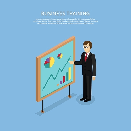 Training staff briefing presentation. Staff meeting, staffing and corporate business training, employee training, mentor business seminar meeting vector. Isometric Man near board with carts and graphs