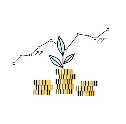 Financial growth coin stock market. Successful graph of profit growth and cash investments in startups. Metaphor of the plants sprout in the column of gold coins. Invest progress vector illustration