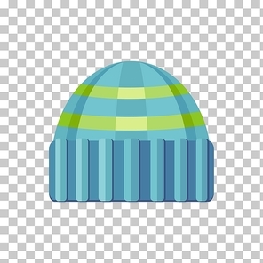 Winter green wool hat icon. Knitted winter woolen cap isolated on checkered background. Flat icon winter snowboard hat cap. Vector illustration