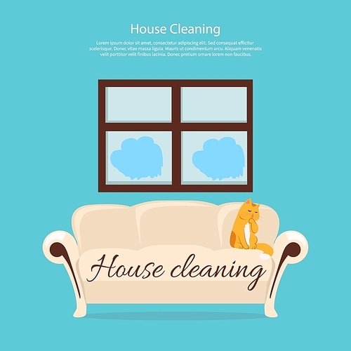 House cleaning. Cat on sofa design flat. Clean house service, housework and home cleaning, domestic cleaning service, clean room vector illustration