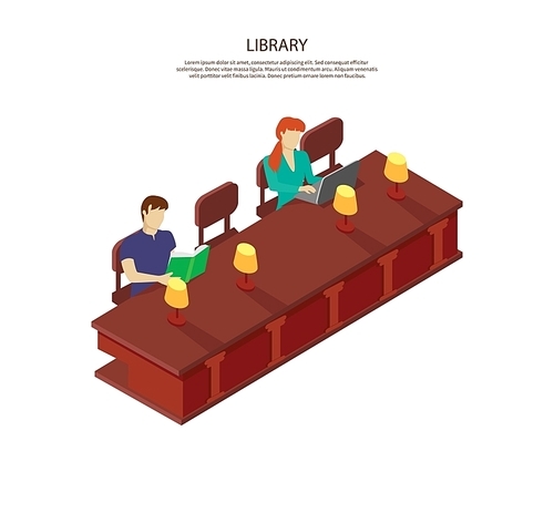 People read for the library table. Students man and woman sitting in the library at table with lamps. The guy is reading a book, she works on laptop isolated white . Vector illustration