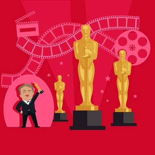 Film awards design flat banner concept. Famous actor and director receives an award in the form of figurines in the film industry. Happy man holding a prize in his hands. Vector illustration