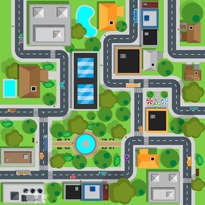 Map of city top view design flat. Map suburban settlement with private houses, narrow roads with cars and natural park design flat. Cars drive on sleeping residential district. Vector illustration