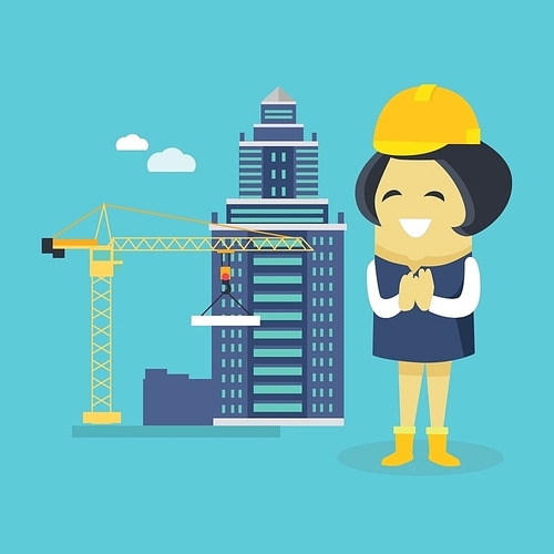Female engineer and a building construction. Young successful happy architect woman superintendent in a helmet. Construction of a new house or sovremennog business ofice. Vector illustration