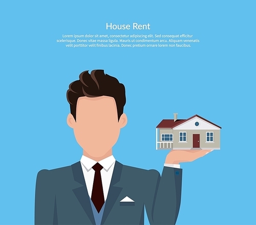 House for rent. Flat rent price design. Price and business, estate house, rental home building, property residential, deal and money, apartment search. Broker keeps house on palm. Vector illustration.