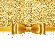 Golden glitter background with gold silk bow and ribbon