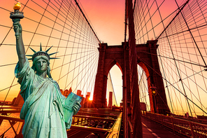 Liberty Statue and Brooklyn bridge New York American Symbols USA photomount