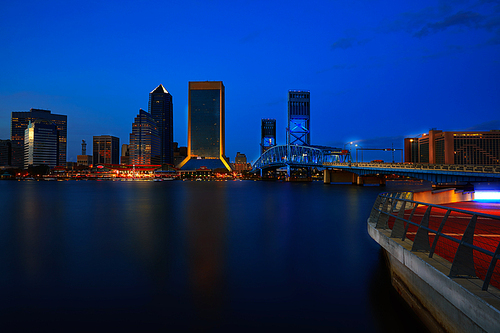 Jacksonville skyline sunset river reflection in Florida USA