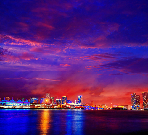 Miami downtown skyline sunset in Florida USA