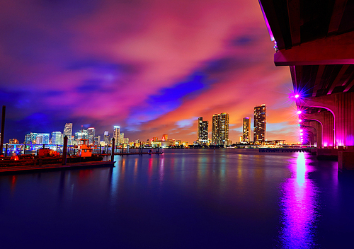 Miami downtown skyline sunset in Florida USA