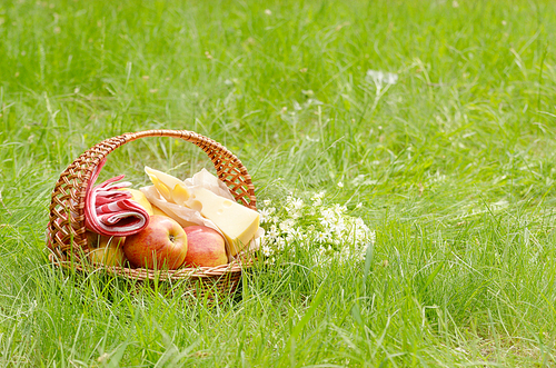 Picnic basket with apples bananas and cheese on green grass