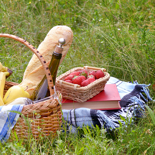 Picnic basket with fruits wine and bread on the grass with book and strawberry aside
