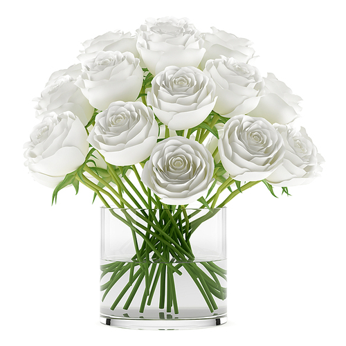 bouquet of roses in glass vase isolated on white