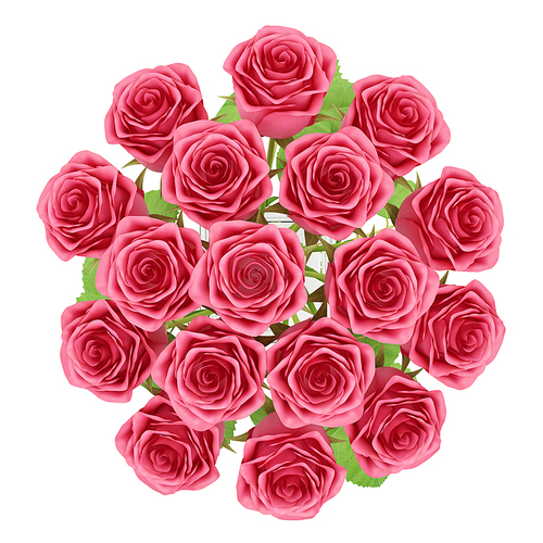 top view of red roses in glass vase isolated on white. 3d illustration