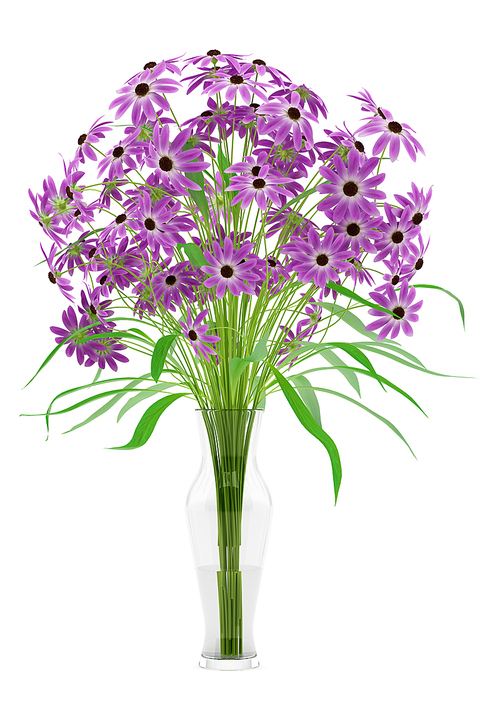 purple flowers in glass vase isolated on white. 3d illustration