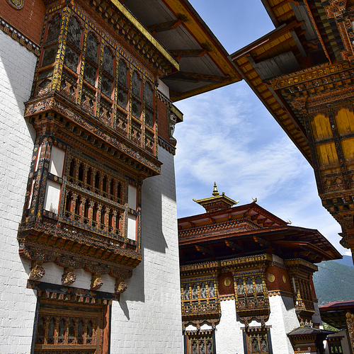 Low angle view of the Punakha Dzong, Punakha, Punakha Valley, Punakha District, Bhutan