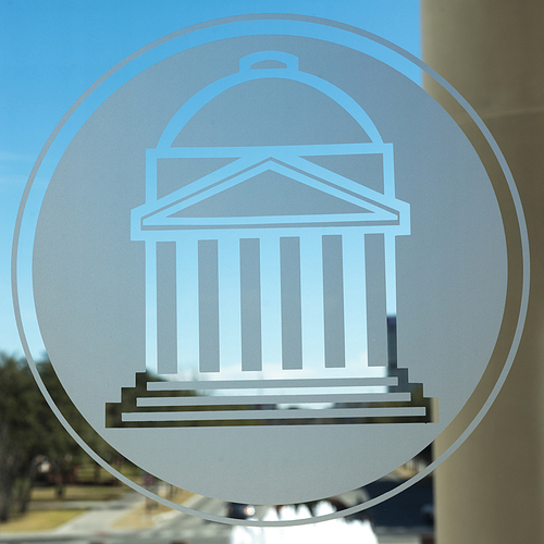 Southern Methodist University symbol on glass, Dallas, Texas, USA