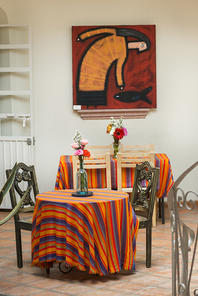 Interior showing tables in a cafe, Zona Centro, San Miguel de Allende, Guanajuato, Mexico