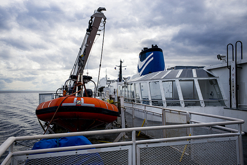 BC ferry and lifeboat at harbor, West Vancouver, British Columbia, Canada