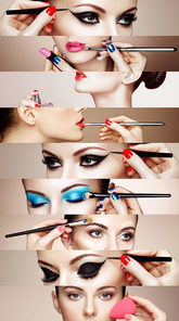 Beauty collage. Faces of women. Fashion photo. Makeup artist applies lipstick and eye shadow. Woman applying perfume