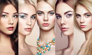 Beauty collage. Faces of women. Group of people. Fashion photo. Makeup and jewelry. Eyelashes. Cosmetic Eyeshadow. Highlighting