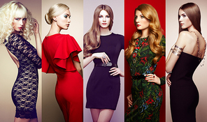 Fashion collage. Group of beautiful young women. Sensual girls posing in studio. Lady in elegant dresses