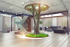 eco design of the modern interior. Real living tree indoor. 3d concept