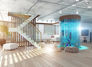 The modern loft interior with aquarium. 3d concept