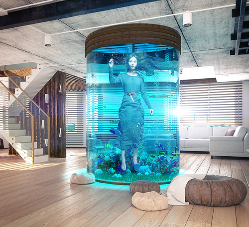 One woman in the  aquarium. The modern loft interior with aquarium. 3d concept