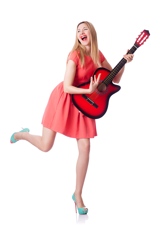 Woman playing guitar isolated on white