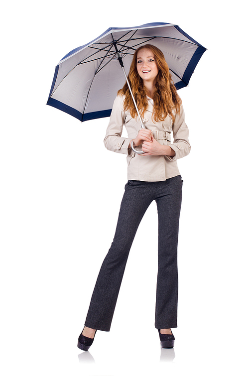 Woman with umbrella isolated on white