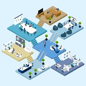 Isometric icons of multistoried office center with abstract scheme of floors rooms and activities vector illustration