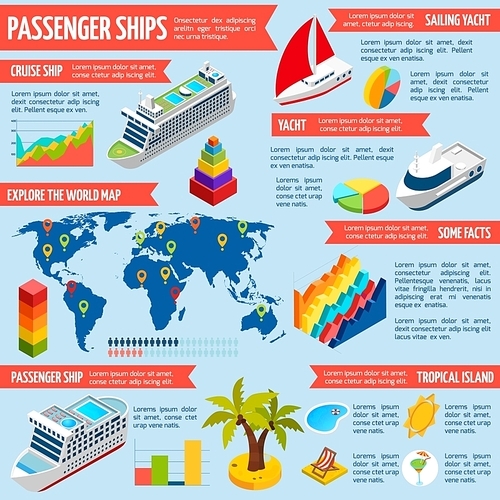 Passenger cruise liners routes with world map and yachts clubs information isometric infographic presentation banner abstract vector illustration
