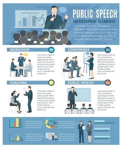 Public speech infographic elements with coaching workshop and conference presentations information design poster flat abstract  illustration vector