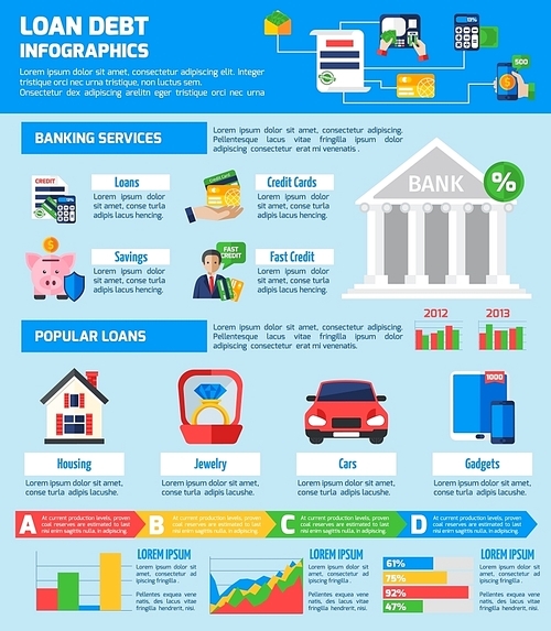 Loan debt infographics flat layout with banking services information and popular loans statistics vector illustration