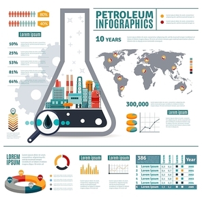 Petroleum Industry Infographics with oil drop map of world diagrams graphs statistics on white background vector illustration