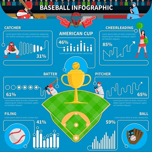 Baseball infographics elements with game statistics on blue background vector illustration